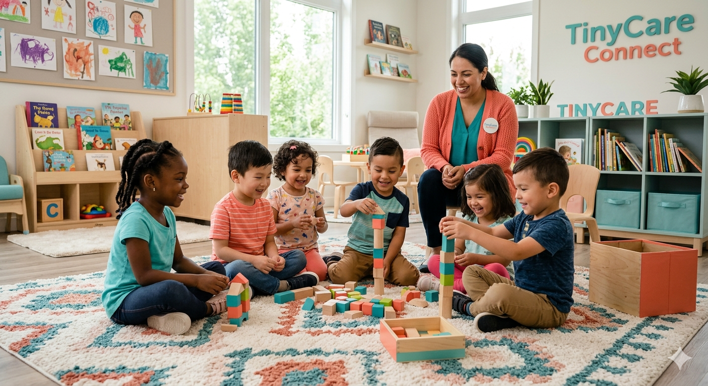 Diverse children and caregiver playing with blocks — warm, trusted childcare in Edmonton