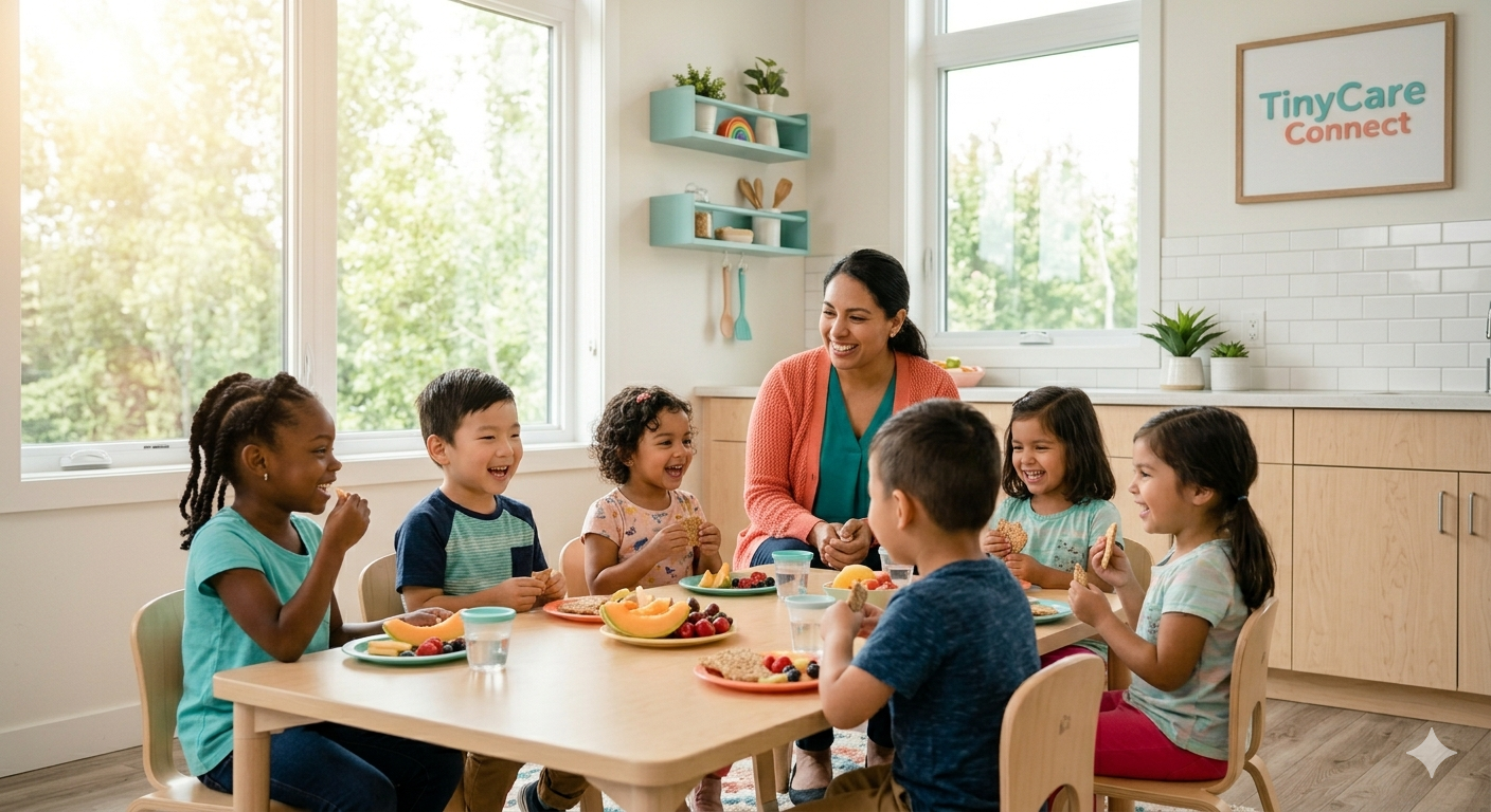 Caregiver sharing healthy snacks with children at a table — mealtime at a TinyCare provider