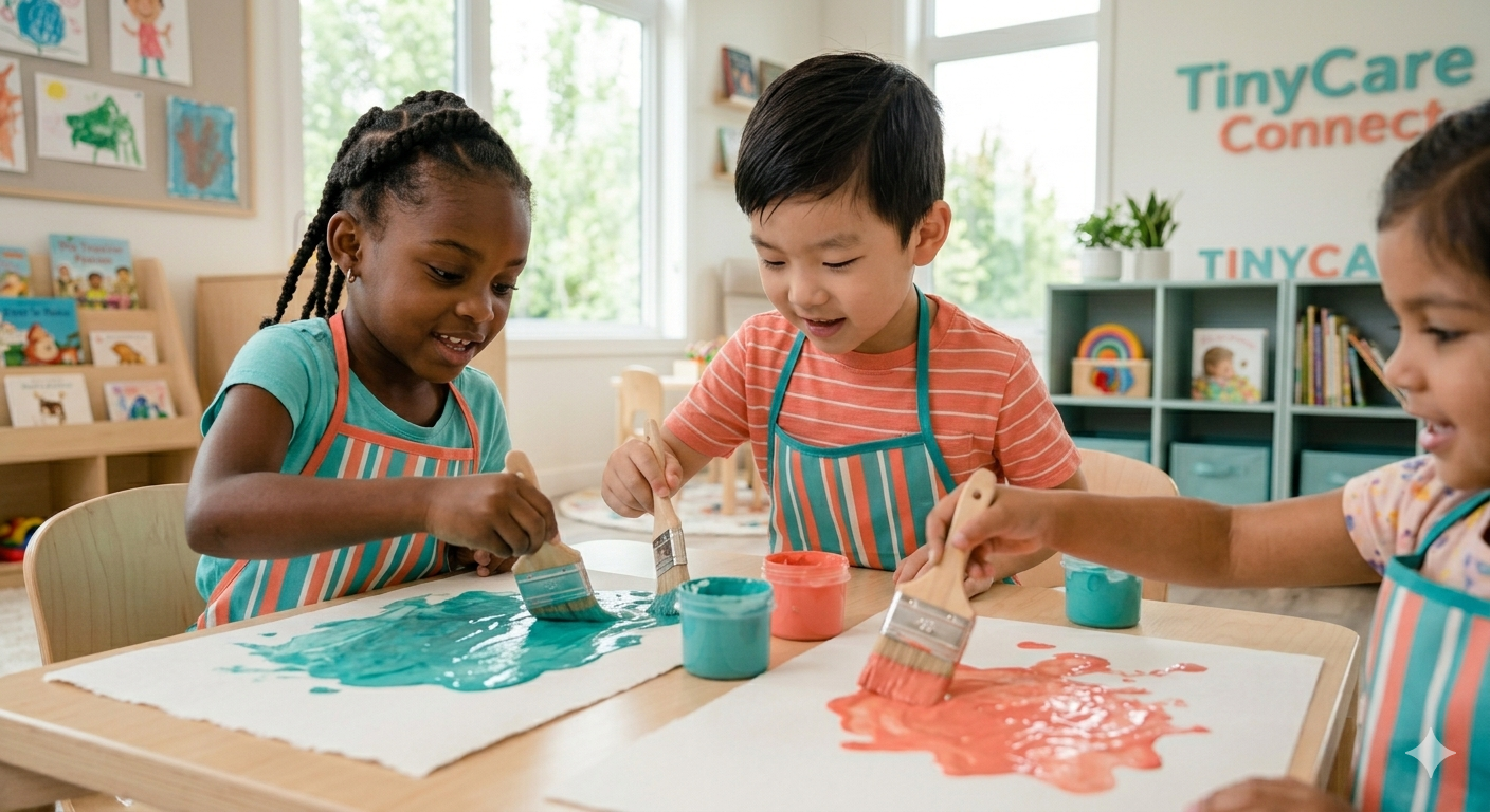 Three children in smocks focused on a painting activity — creative care
