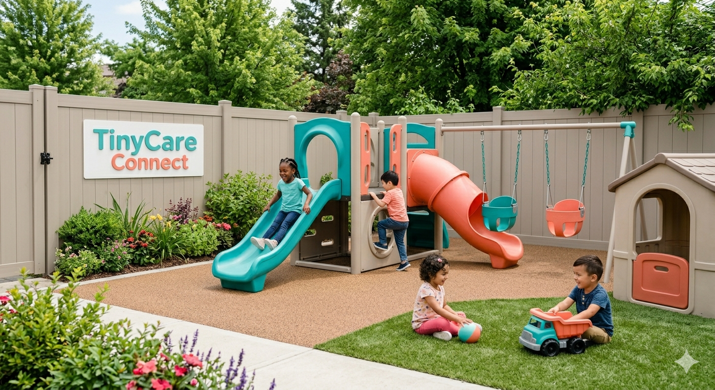 Children playing on a modern outdoor play structure in a fenced backyard — safe outdoor fun