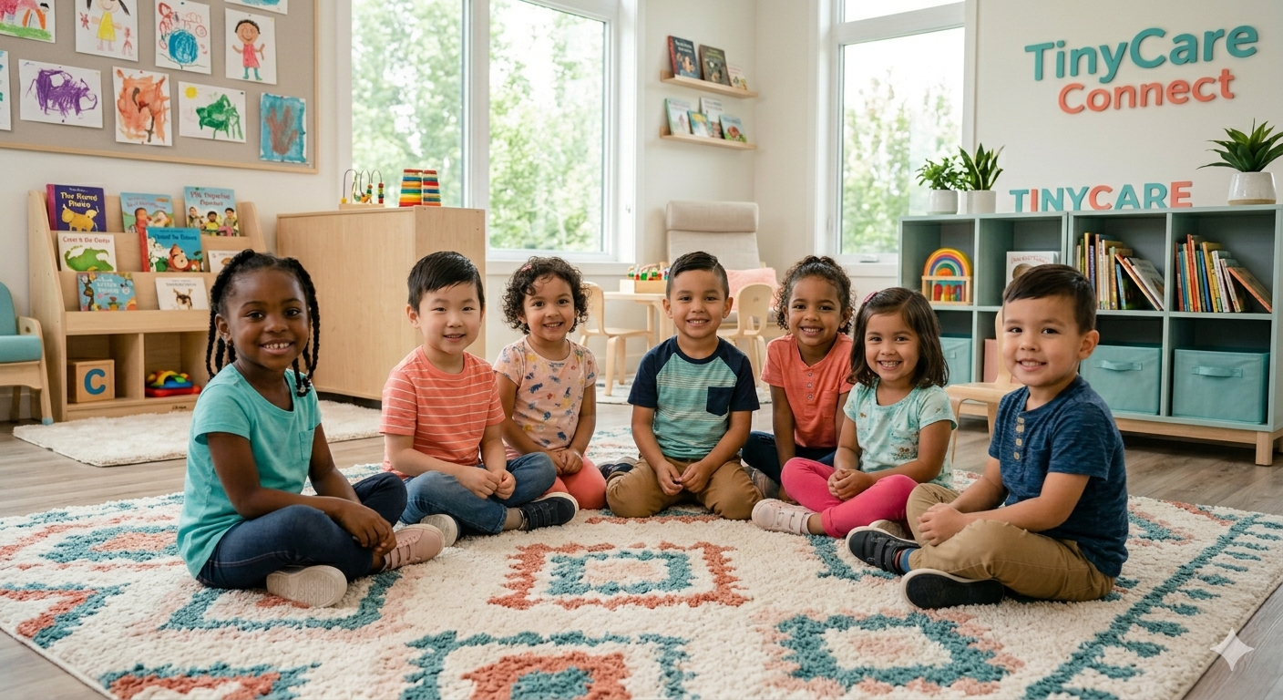 Eight diverse children and a caregiver sitting together in a circle — Edmonton childcare community
