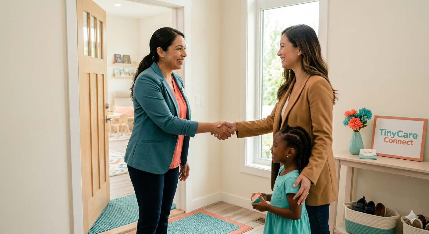 Provider and parent shaking hands at a daycare entryway — trusted connections in Edmonton
