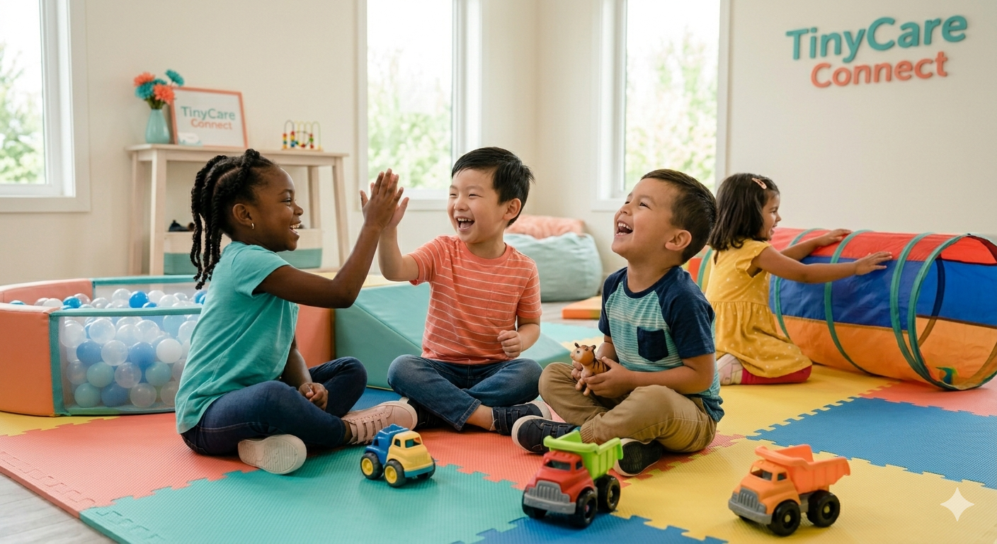 Children laughing and playing together on foam mats — energetic, joyful childcare in Edmonton