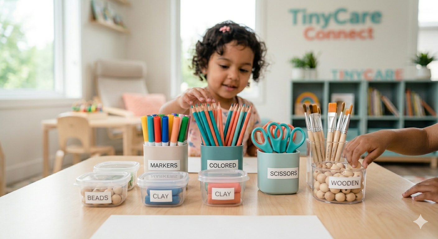Child carefully selecting coloured pencils — thoughtful, safe childcare practices